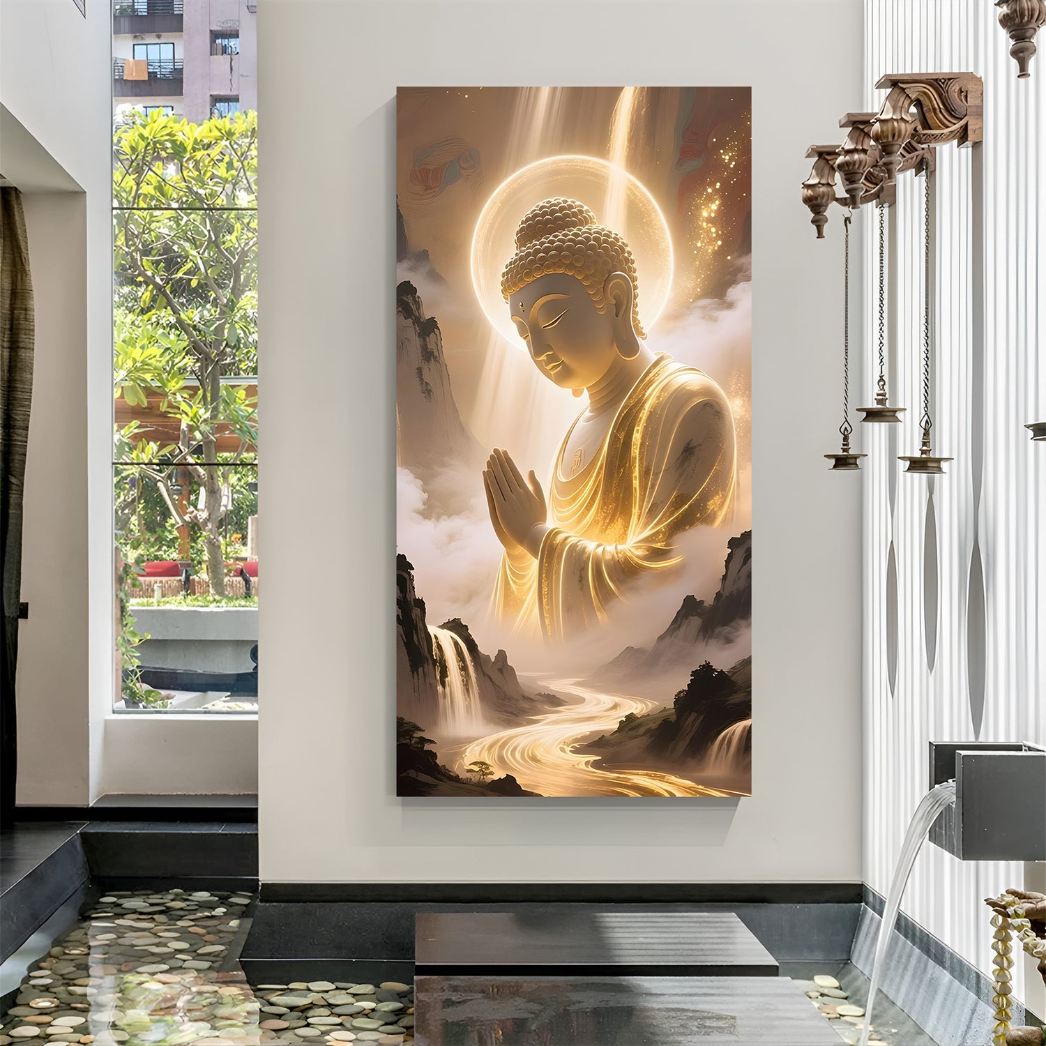 Golden Mountain Buddha canvas painting with spiritual meditation artwork in canvas wrapped frame