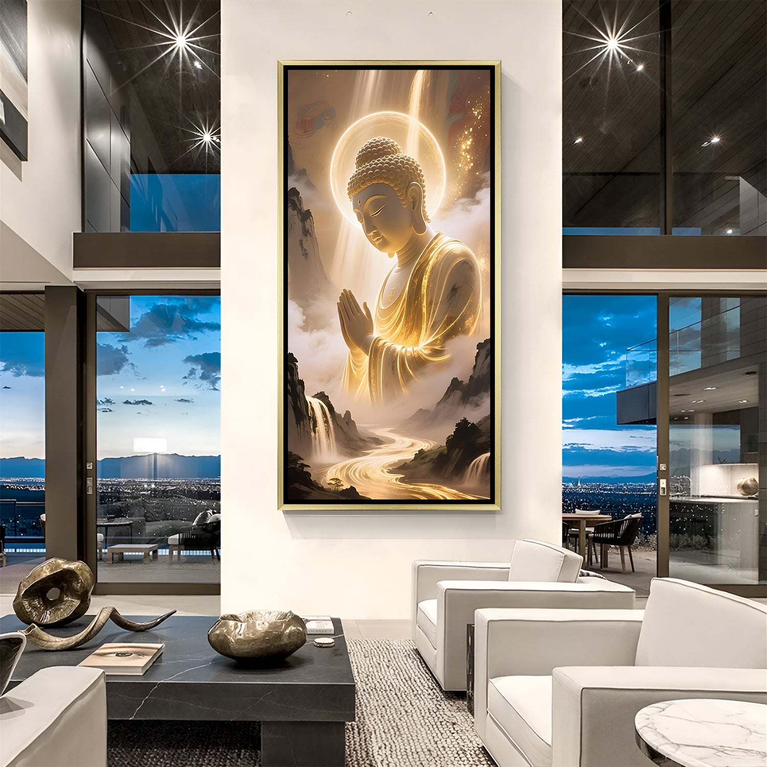 Golden Mountain Buddha wall art in luxury golden floater frame with sacred meditation design