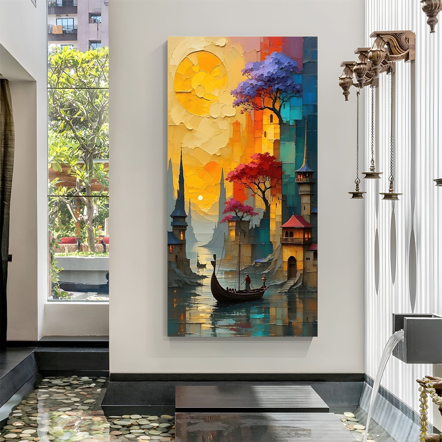 Vertical sunset canal city wall art in canvas wrapped frame featuring a gondola on calm water with golden sun and colorful architecture.