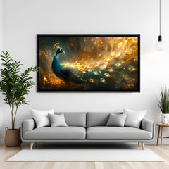 Elegant peacock panoramic artwork in sleek black floating frame above contemporary sofa.
