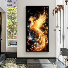 golden phoenix rising artwork in black floater frame enhancing courage renewal and inspirational interior styling