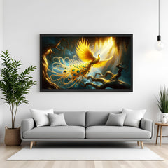 Golden phoenix vastu wall art in black floater frame for home or office, radiating positive transformation and balance through vastu energy