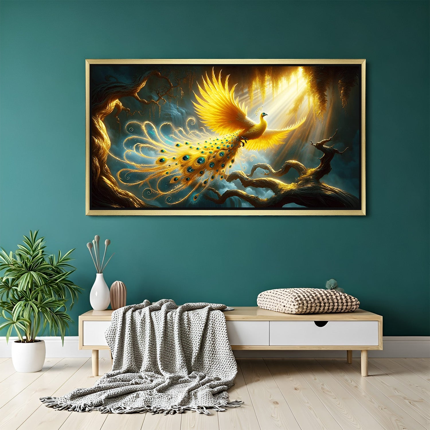 Golden phoenix canvas painting in golden floater frame with vastu alignment, ideal for peaceful decor, spiritual upliftment, and renewal energy