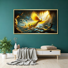 Golden phoenix canvas painting in golden floater frame with vastu alignment, ideal for peaceful decor, spiritual upliftment, and renewal energy