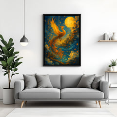 Golden phoenix moonlight wall painting in sleek black floater frame for premium home decor