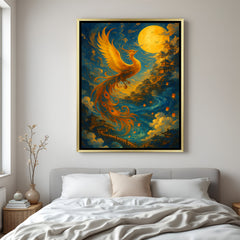 Golden phoenix moonlight canvas wall art in golden floater frame showcasing luxury mystical decor