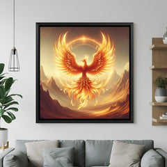 Luxury square phoenix artwork in black frame featuring glowing wings and mountain backdrop.