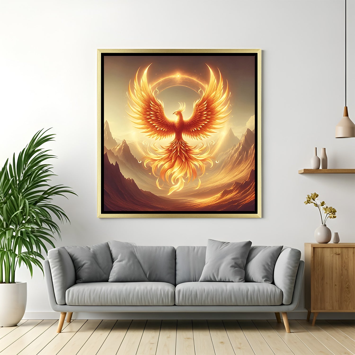 Elegant golden phoenix square wall art in gold frame with serene sunrise mountains.