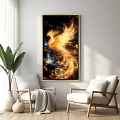 luxury golden framed phoenix canvas representing divine glow transformation success and elegant vastu-positive home decor