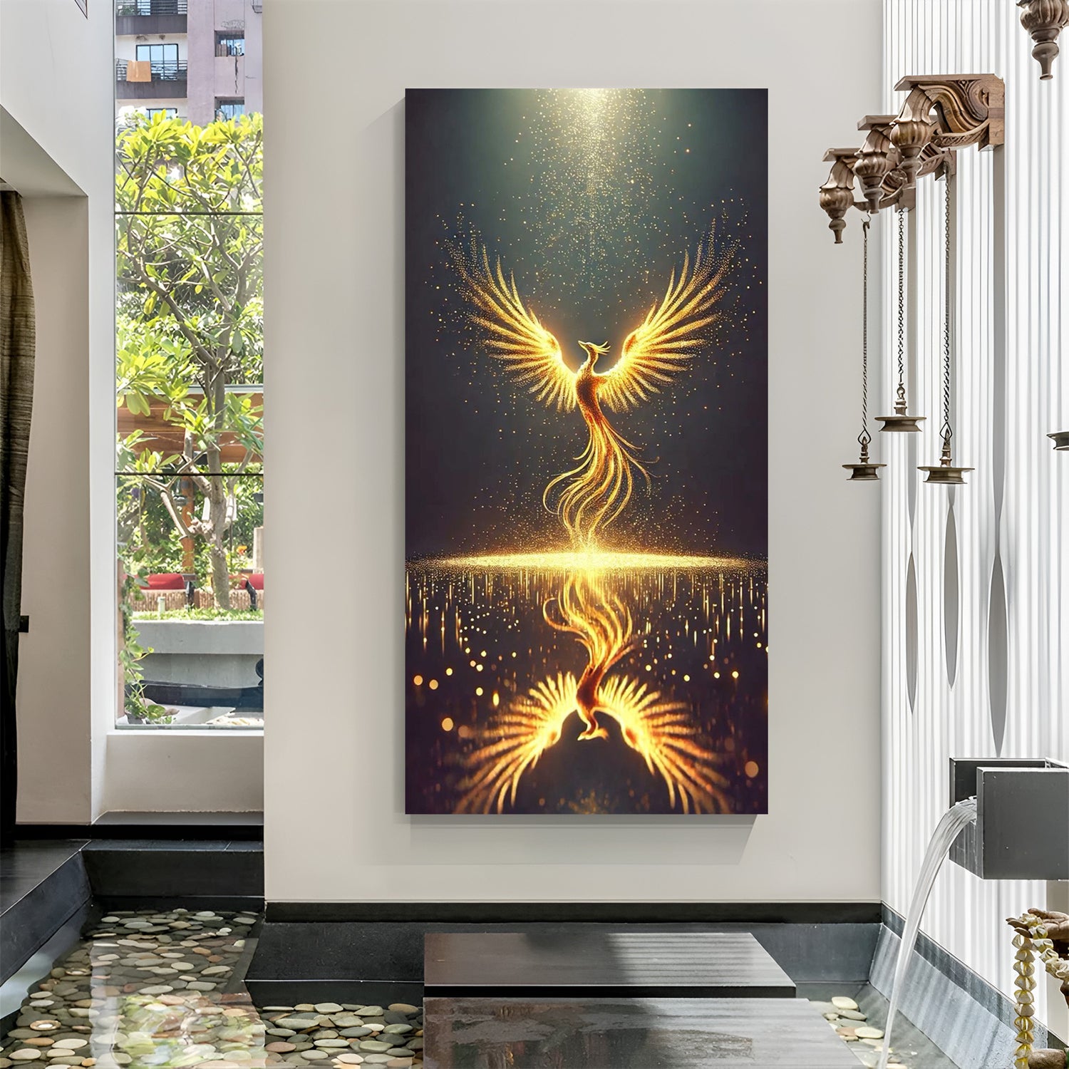 golden phoenix rising canvas wall art with dark background symbolizing strength transformation and positive energy for vastu home decor