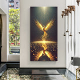 golden phoenix rising canvas wall art with dark background symbolizing strength transformation and positive energy for vastu home decor