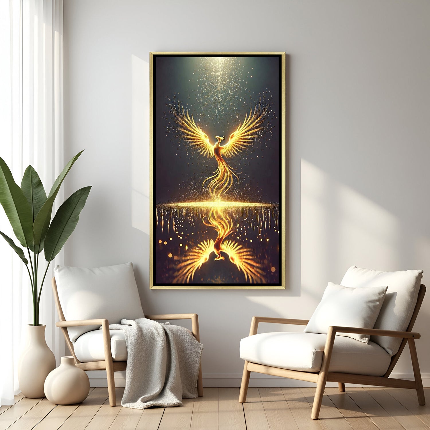 stunning shiny golden phoenix canvas with golden floater frame symbolizing rebirth courage new beginnings and uplifting home decor