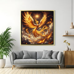 Elegant square golden phoenix wall art in gold frame featuring celestial star and fiery clouds.