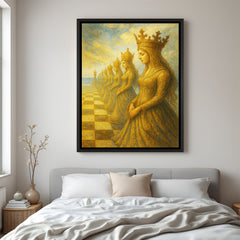 Golden queens chess wall painting in sleek black floater frame for elegant home decor