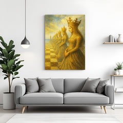 Golden queens chess canvas wall art wrapped on stretcher frame displayed in modern living room