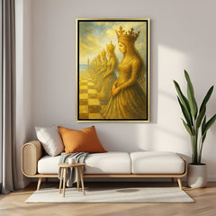 Golden queens chess canvas wall art in golden floater frame showcasing luxury wall decor