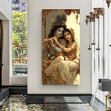 Vertical golden Radha Krishna wall art with Krishna playing flute and intricate floral garlands.