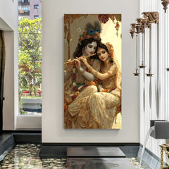 Vertical golden Radha Krishna wall art with Krishna playing flute and intricate floral garlands.