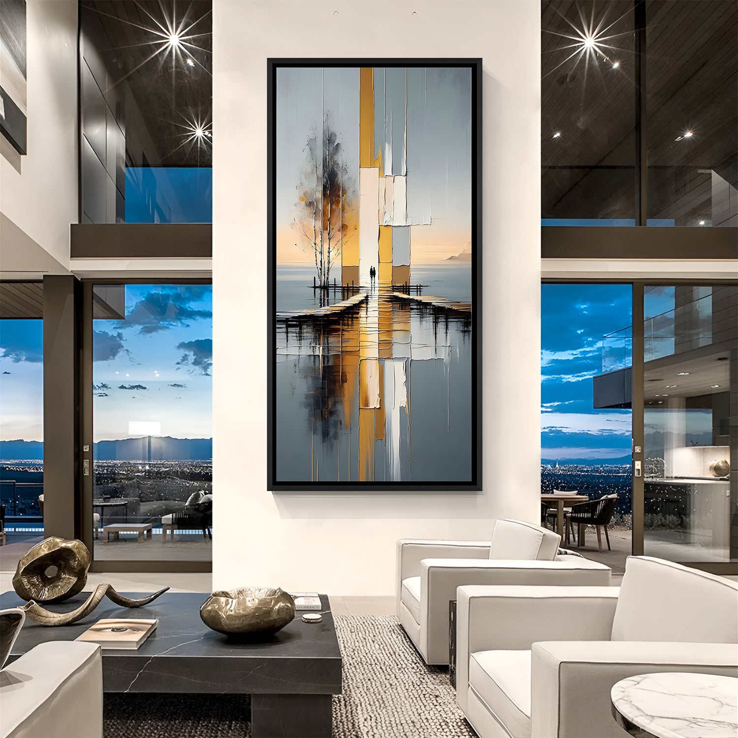 Modern abstract reflective landscape wall art in black floater frame with golden accents and peaceful scenery
