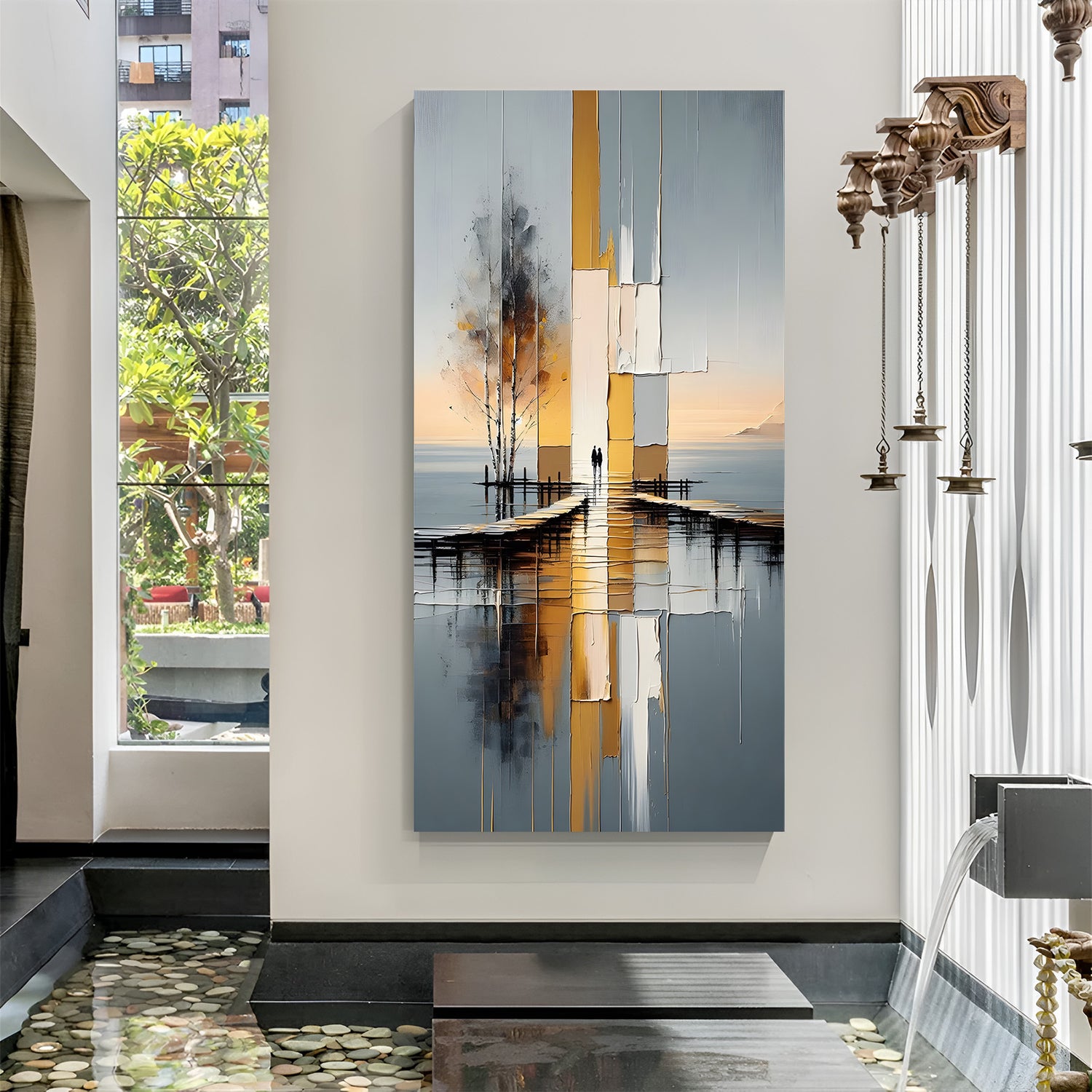 Golden reflection abstract landscape modern canvas wall painting with calm water reflections and geometric design in canvas wrapped frame
