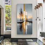 Golden reflection abstract landscape modern canvas wall painting with calm water reflections and geometric design in canvas wrapped frame