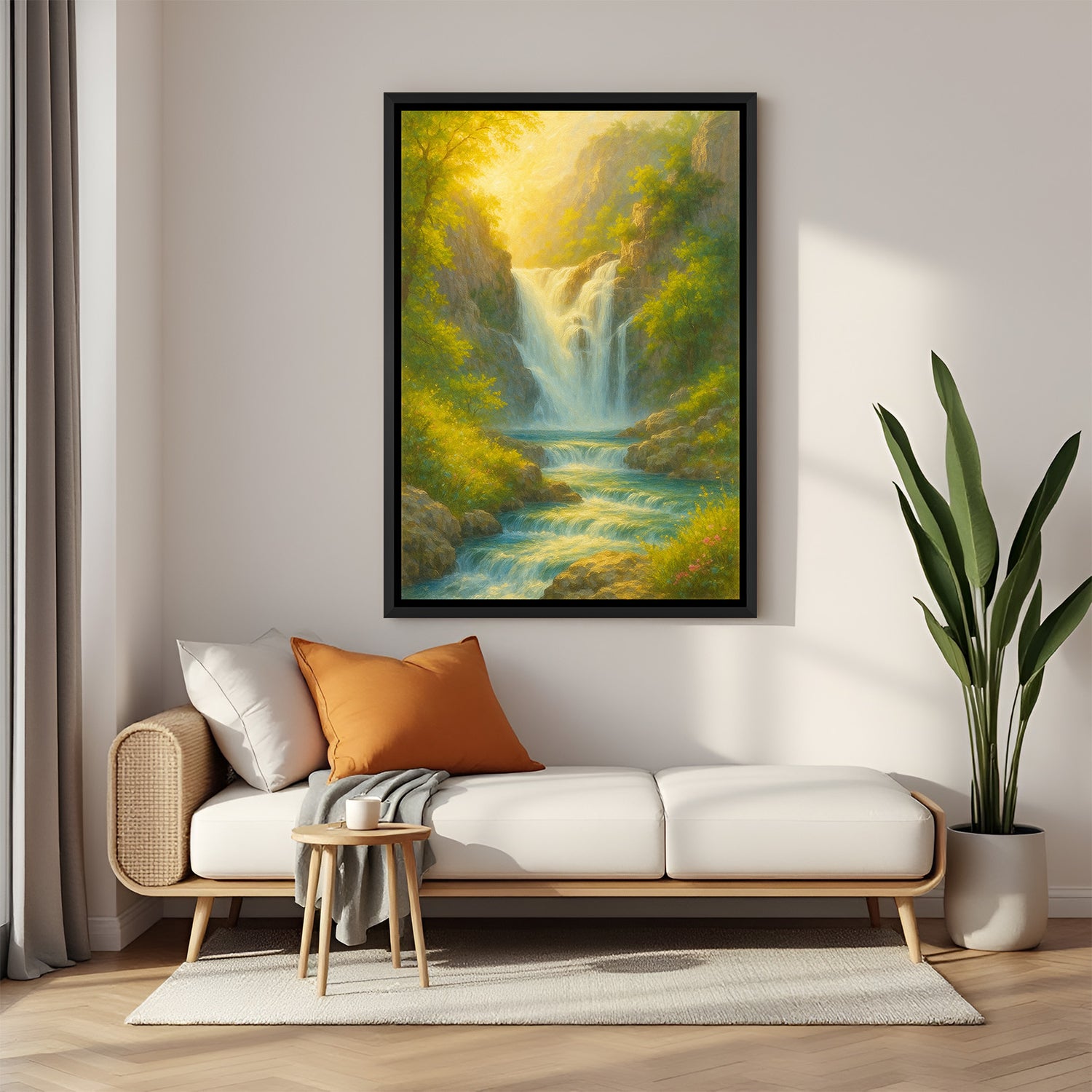 Golden sunrise waterfall wall painting in sleek black floater frame for elegant home decor