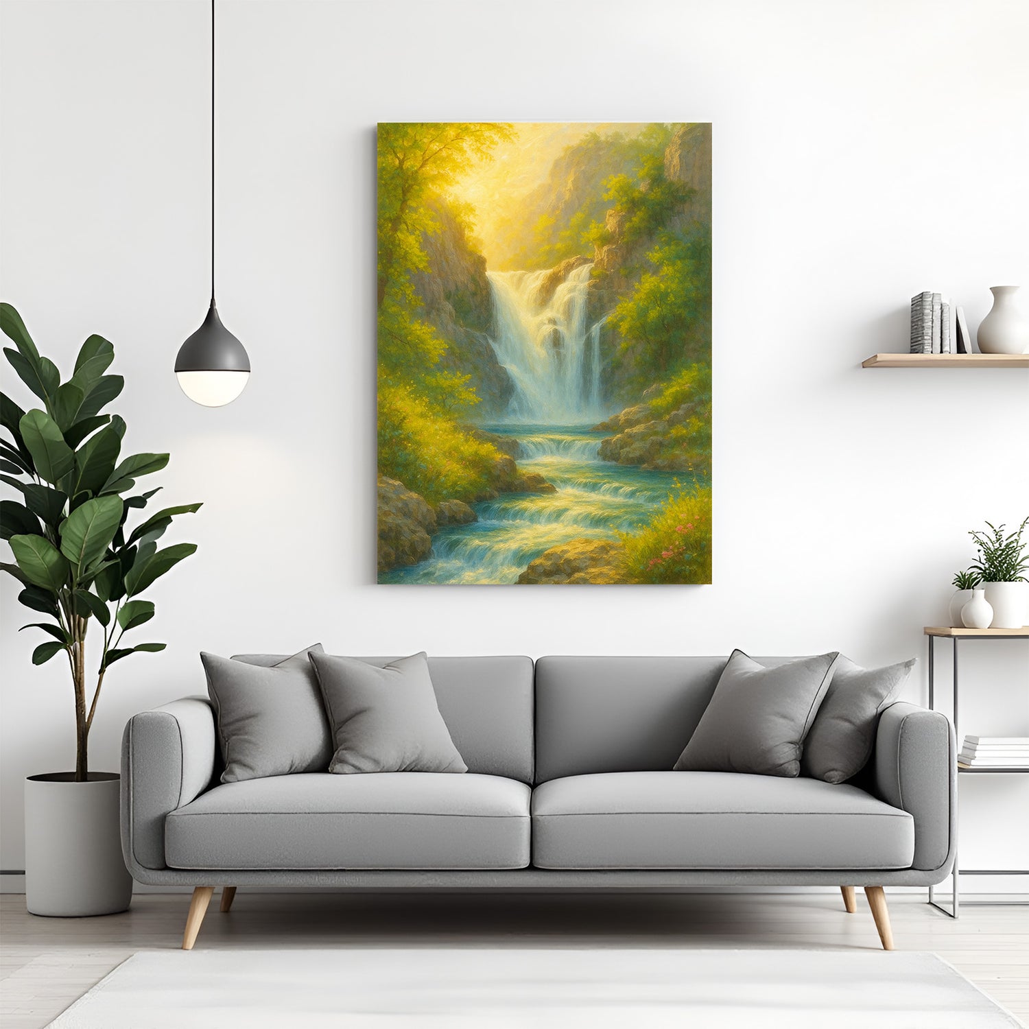 Golden sunrise waterfall canvas wall art wrapped on stretcher frame displayed in modern living room