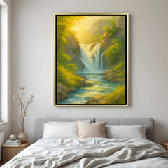 Golden sunrise waterfall canvas wall art in golden floater frame showcasing luxury wall decor