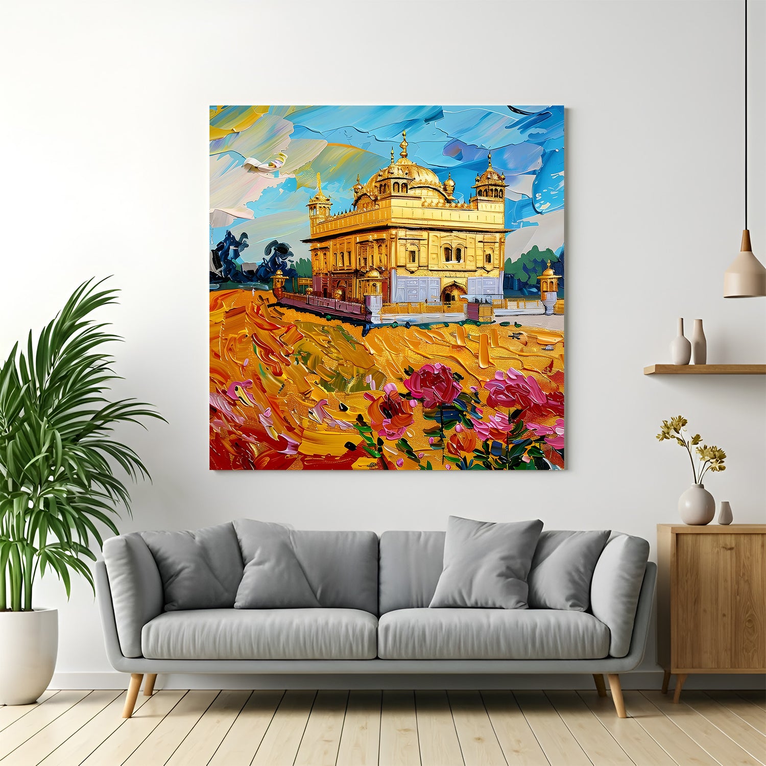 Golden Temple Celestial Harmony canvas wall art in premium canvas wrapped frame featuring radiant spiritual architecture