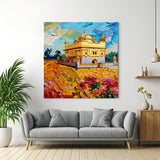 Golden Temple Celestial Harmony canvas wall art in premium canvas wrapped frame featuring radiant spiritual architecture