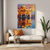 Golden Temple Celestial Serenity canvas wall art in premium canvas wrapped frame with radiant reflections and spiritual ambiance