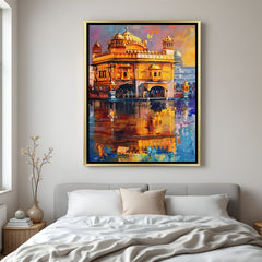 Golden Temple Celestial Serenity artwork in luxury golden floater frame with glowing sacred beauty