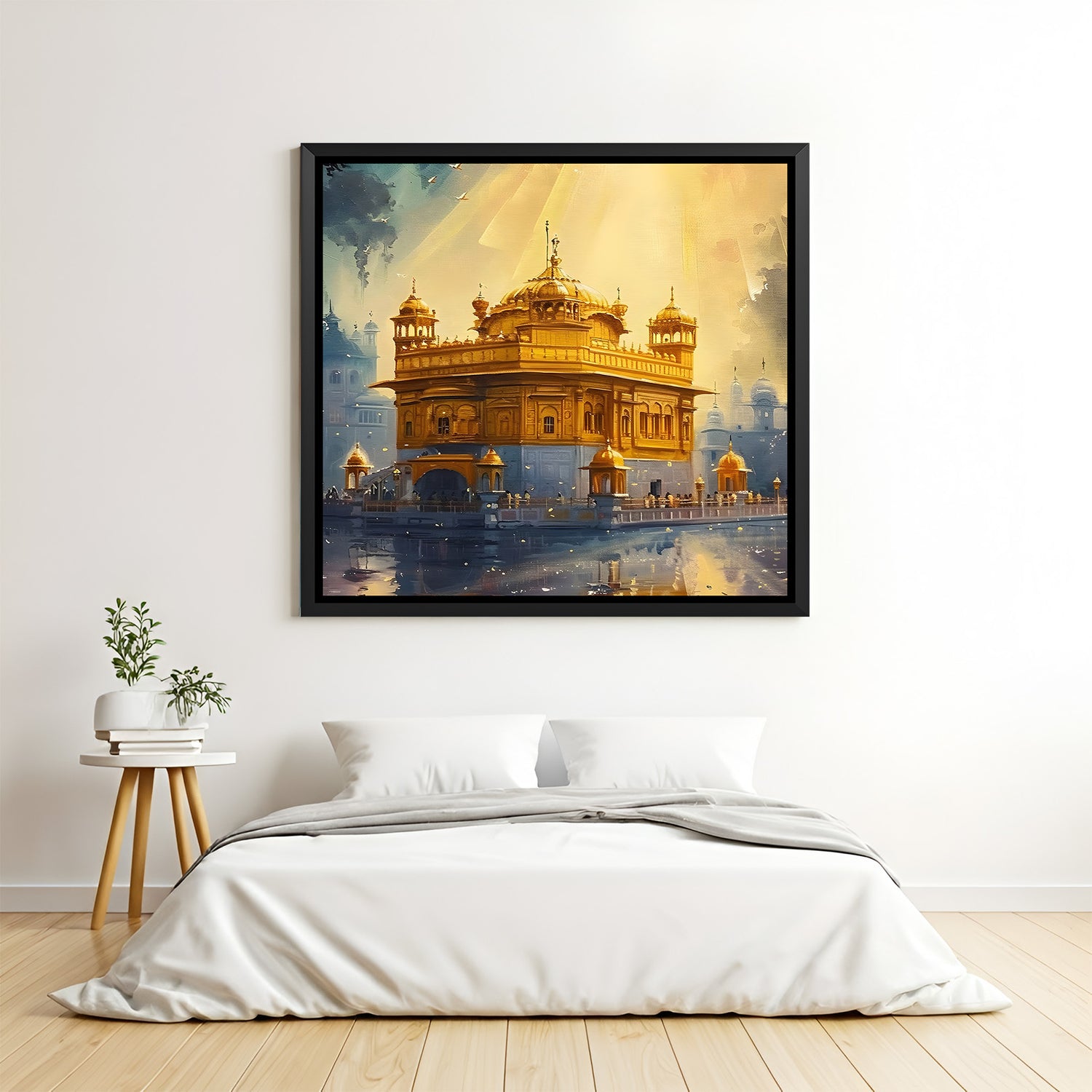 Golden Temple spiritual artwork in elegant black floater frame featuring a divine glowing aura