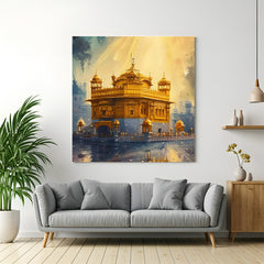 Golden Temple Divine Aura canvas wall art in premium canvas wrapped frame with radiant golden illumination
