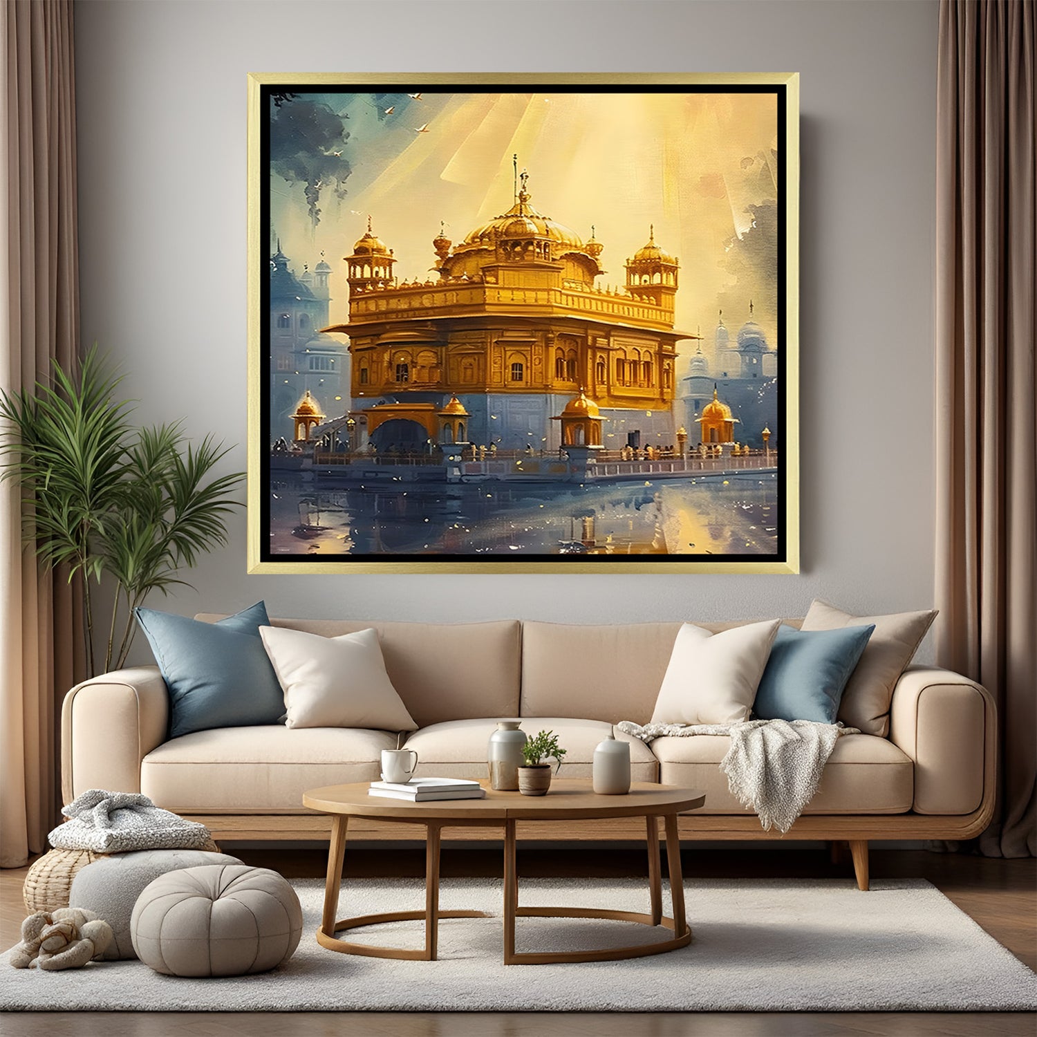 Golden Temple Divine Aura artwork in luxury golden floater frame with celestial golden light