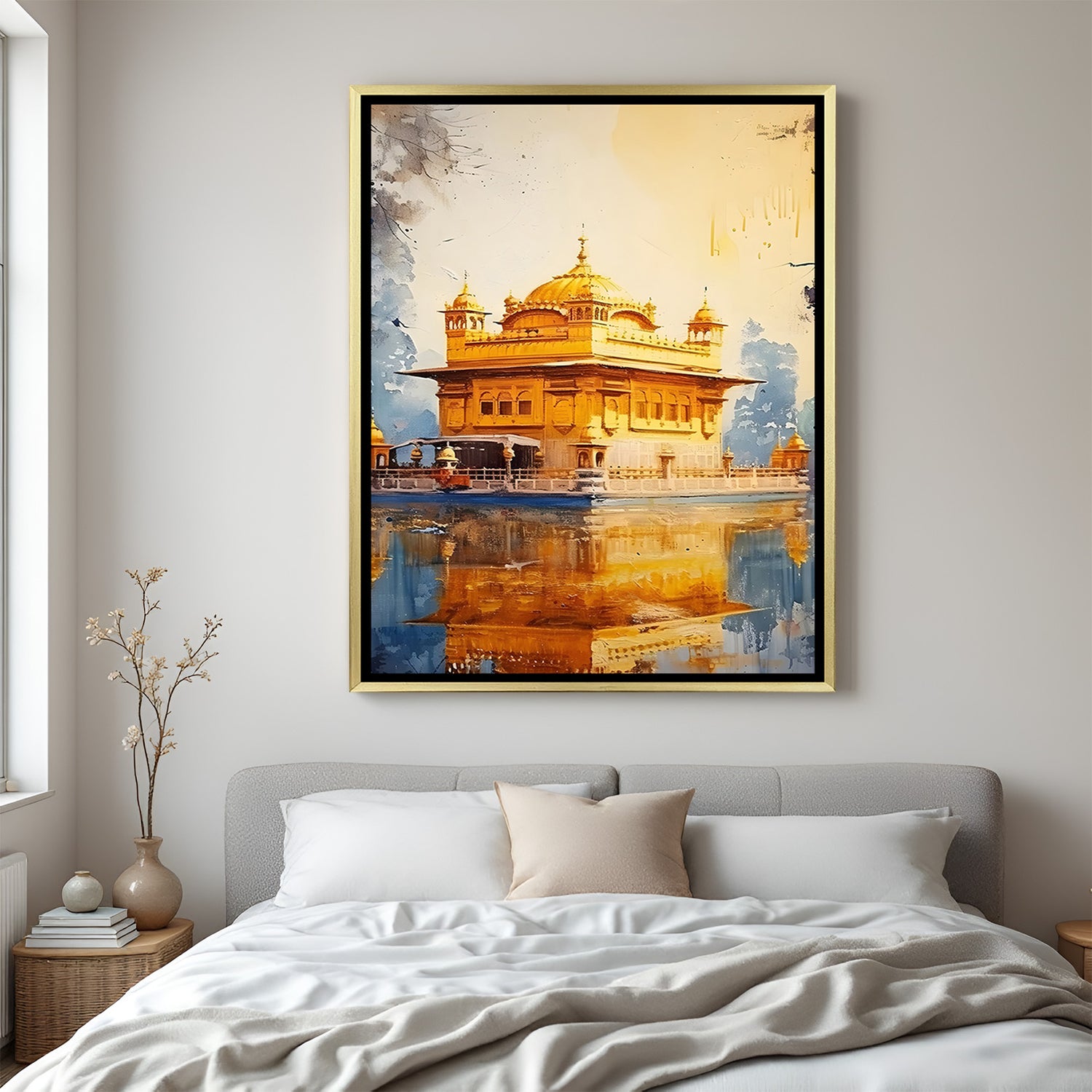 Golden Temple Divine Reflection artwork in luxury golden floater frame with radiant architectural beauty