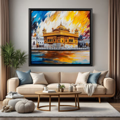 Golden Temple spiritual wall art in elegant black floater frame featuring a calm and radiant atmosphere