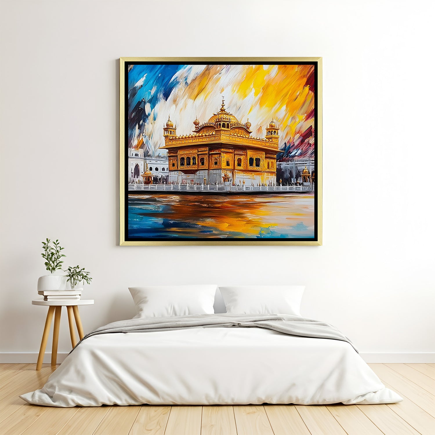 Golden Temple Divine Tranquility artwork in luxury golden floater frame with sacred architectural beauty