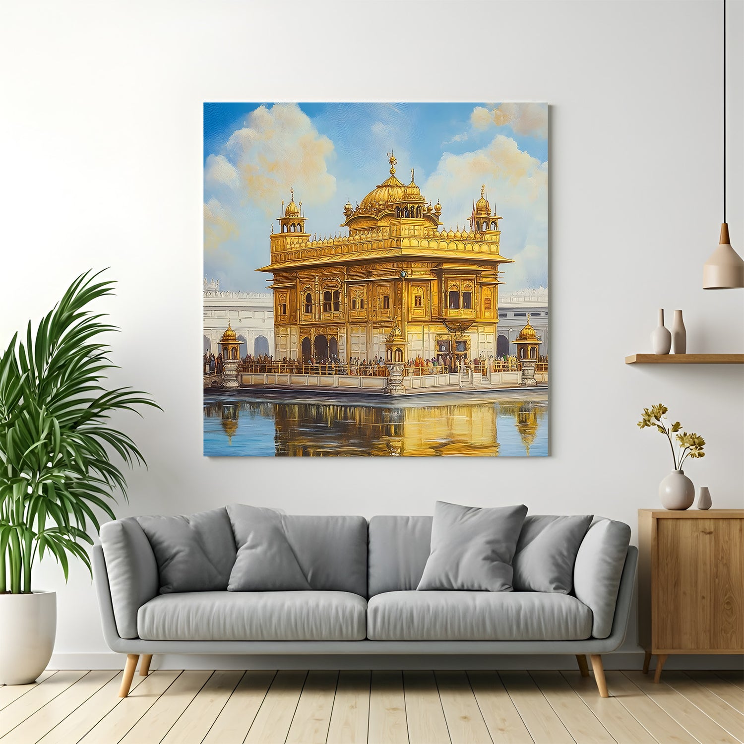 Golden Temple Eternal Devotion canvas wall art in premium canvas wrapped frame with radiant spiritual architecture