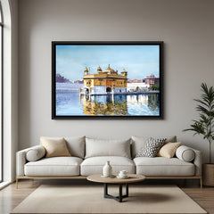Golden Temple illuminated artwork in elegant black floater frame with vibrant golden lighting