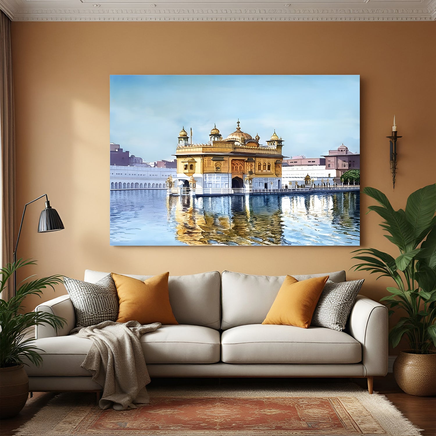 Golden Temple Eternal Light canvas wall art in premium canvas wrapped frame with radiant spiritual glow