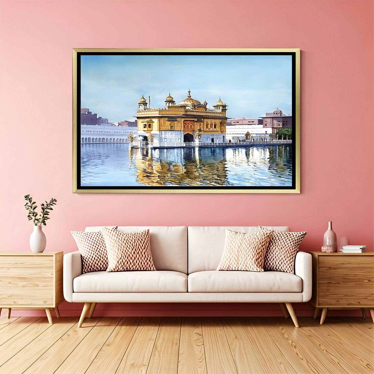 Golden Temple Eternal Light artwork in luxury golden floater frame featuring a radiant sacred temple scene