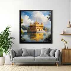 Golden Temple reflection artwork in elegant black floater frame featuring peaceful sacred surroundings