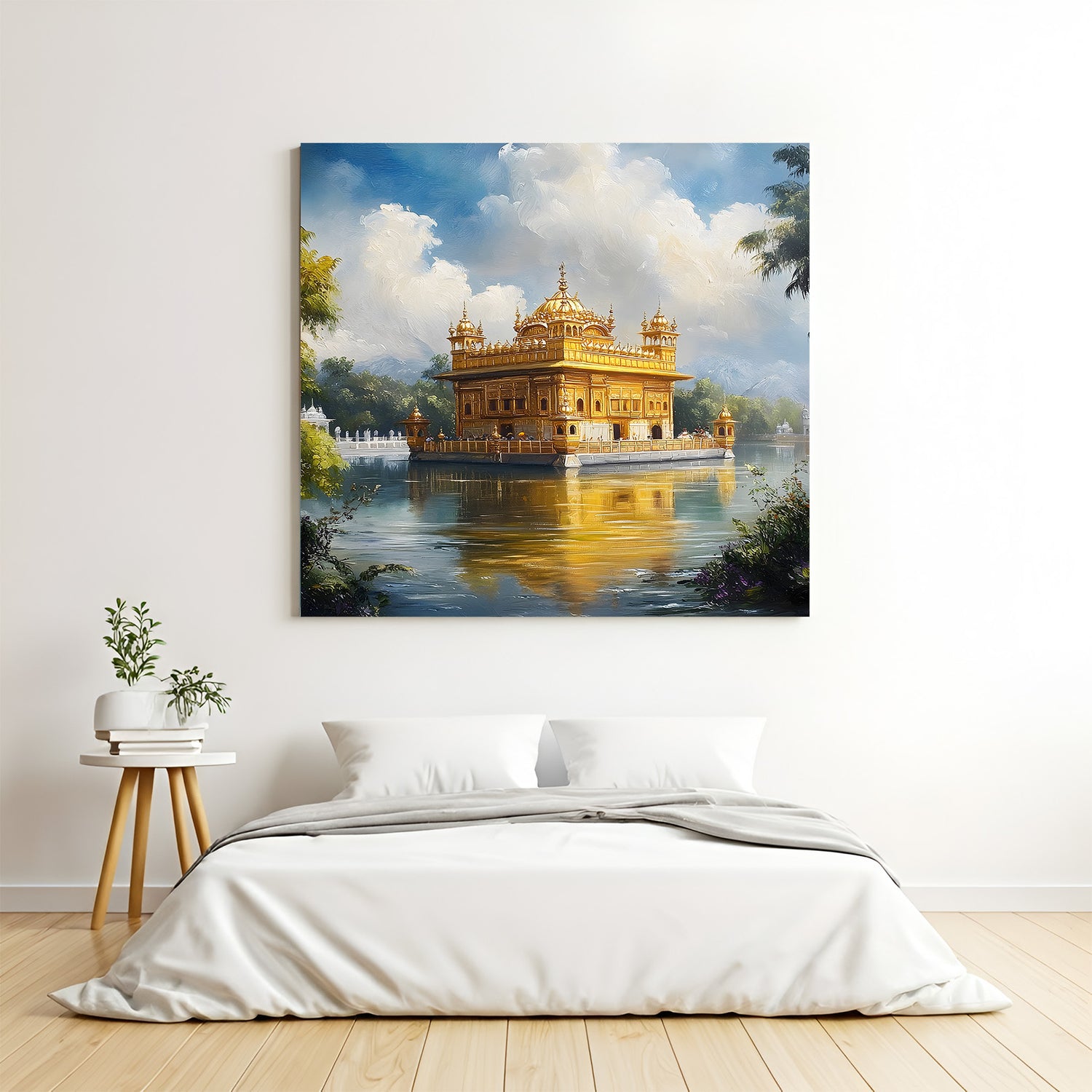Golden Temple Heavenly Reflections canvas wall art in premium canvas wrapped frame with radiant spiritual scenery