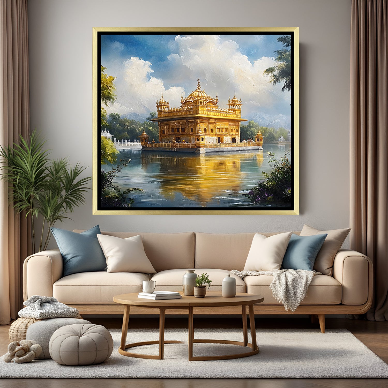 Golden Temple Heavenly Reflections artwork in luxury golden floater frame with glowing architectural beauty