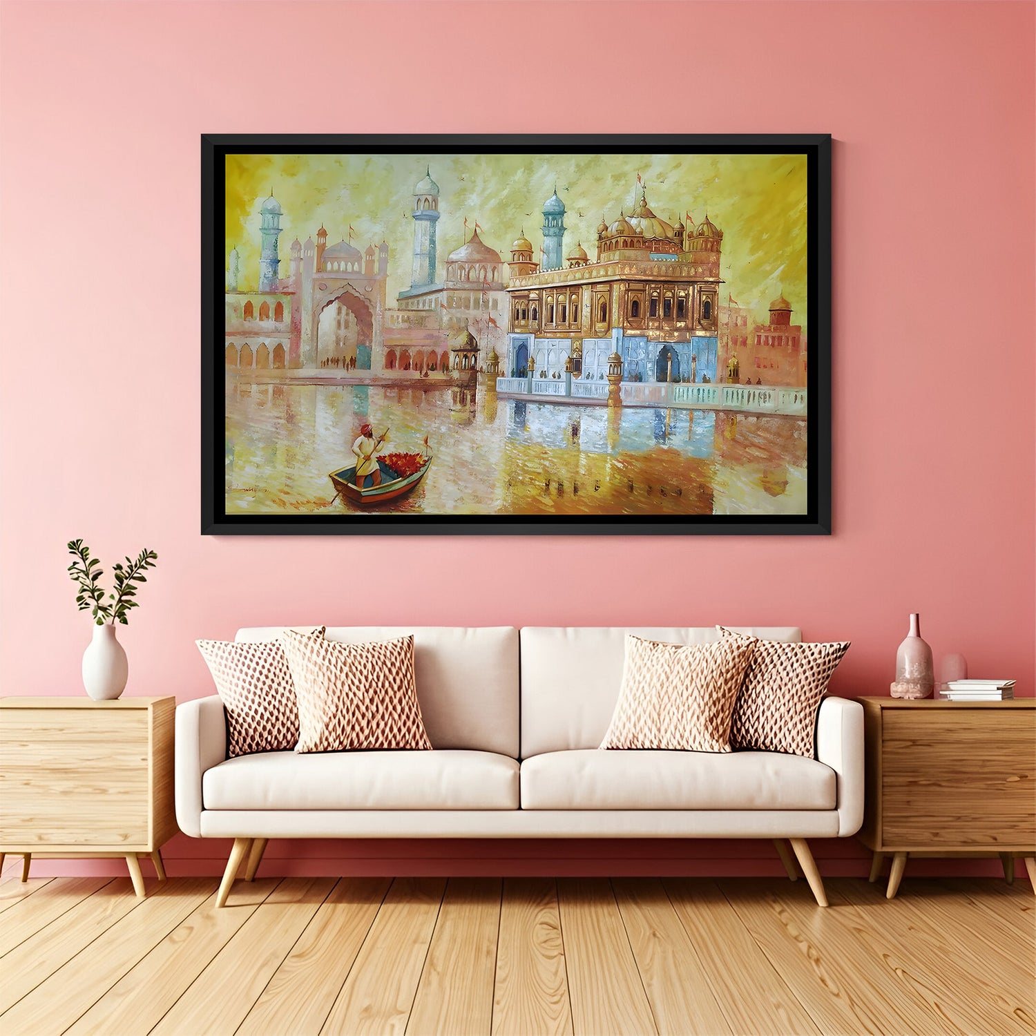Golden Temple painted artwork in elegant black floater frame featuring spiritual architecture and golden reflections