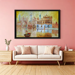 Golden Temple painted artwork in elegant black floater frame featuring spiritual architecture and golden reflections