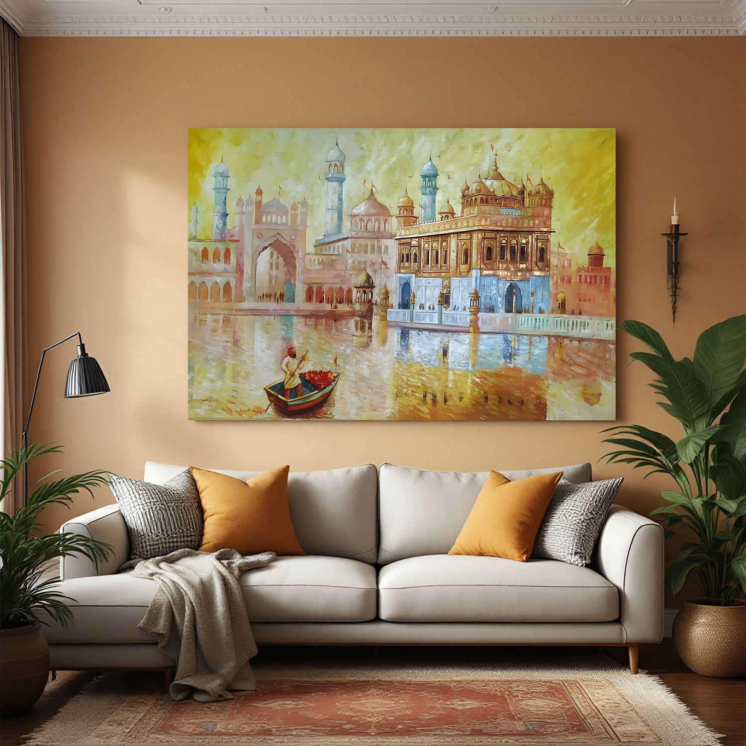 Golden Temple painted style canvas wall art in premium canvas wrapped frame with artistic brushstroke detailing
