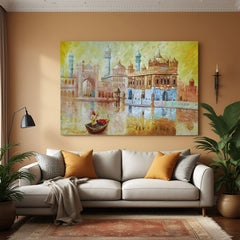 Golden Temple painted style canvas wall art in premium canvas wrapped frame with artistic brushstroke detailing