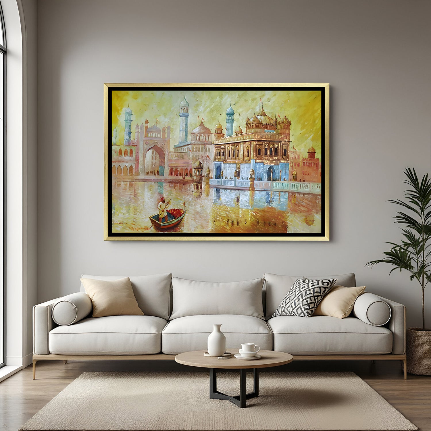 Golden Temple painted style artwork in luxury golden floater frame with vibrant artistic detailing